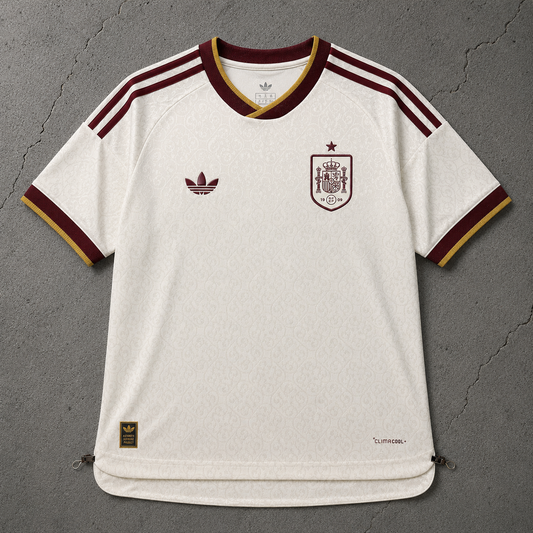 Maillot extérieur Espagne Élégance Vintage, crème à col bordeaux et or, vue de face